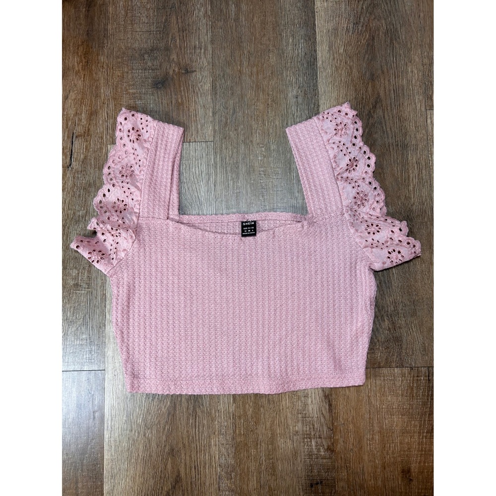 Shein Pink Waffle Knit Eyelet Lace Ruffle Sleeve Crop Top Square Neck Medium